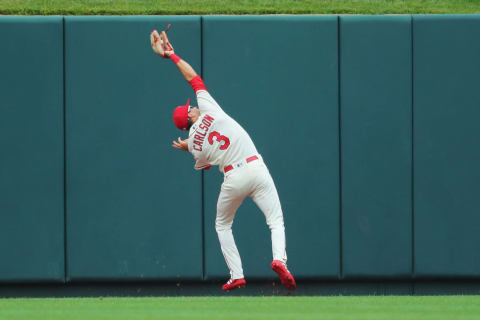 ST LOUIS, MO – JULY 09: Dylan Carlson #3 of the St. Louis Cardinals catches a fly ball against the Philadelphia Phillies in the first inning at Busch Stadium on July 9, 2022 in St Louis, Missouri. (Photo by Dilip Vishwanat/Getty Images)