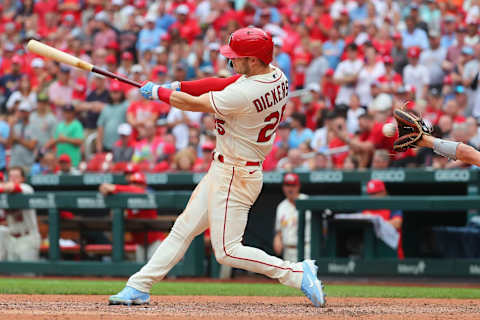 ST LOUIS, MO – JULY 09: Corey Dickerson #25 of the St. Louis Cardinals misses a pitch hitting against the Philadelphia Phillies in the ninth inning at Busch Stadium on July 9, 2022 in St Louis, Missouri. (Photo by Dilip Vishwanat/Getty Images)