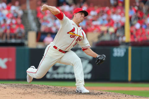 ST LOUIS, MO – JULY 09: Ryan Helsley #56 of the St. Louis Cardinals delivers a pitch against the Philadelphia Phillies in the eighth inning at Busch Stadium on July 9, 2022 in St Louis, Missouri. (Photo by Dilip Vishwanat/Getty Images)