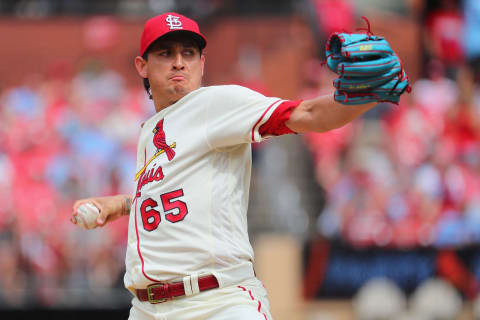 ST LOUIS, MO – JULY 09: Giovanny Gallegos #65 of the St. Louis Cardinals delivers a pitch against the Philadelphia Phillies in the ninth inning at Busch Stadium on July 9, 2022 in St Louis, Missouri. (Photo by Dilip Vishwanat/Getty Images)