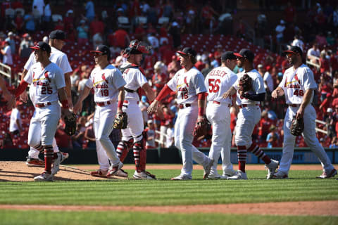 ST LOUIS, MO – JULY 10: Members of the St. Louis Cardinals celebrate their team’s 4-3 victory over the Philadelphia Phillies at Busch Stadium on July 10, 2022 in St Louis, Missouri. (Photo by Joe Puetz/Getty Images)