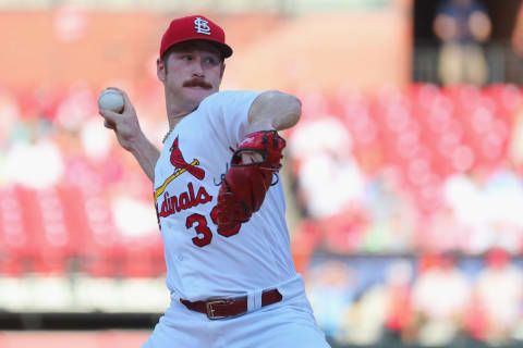 ST LOUIS, MO – JULY 11: Miles Mikolas #39 of the St. Louis Cardinals delivers a pitch against the Philadelphia Phillies in the first inning at Busch Stadium on July 11, 2022 in St Louis, Missouri. (Photo by Dilip Vishwanat/Getty Images)