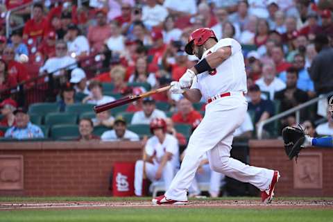 ST LOUIS, MO – JULY 12: Albert Pujols #5 of the St. Louis Cardinals hits a solo home run against the Los Angeles Dodgers in the second inning at Busch Stadium on July 12, 2022 in St Louis, Missouri. (Photo by Joe Puetz/Getty Images)