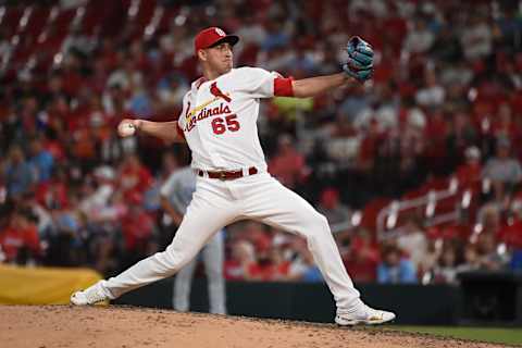 ST LOUIS, MO – JULY 12: Giovanny Gallegos #65 of the St. Louis Cardinals pitches against the Los Angeles Dodgers in the ninth inning at Busch Stadium on July 12, 2022 in St Louis, Missouri. (Photo by Joe Puetz/Getty Images)