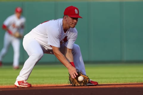 ST LOUIS, MO – JULY 14: Tommy Edman #19 of the St. Louis Cardinals fields a ground ball against the Los Angeles Dodgers in the first inning at Busch Stadium on July 14, 2022 in St Louis, Missouri. (Photo by Dilip Vishwanat/Getty Images)