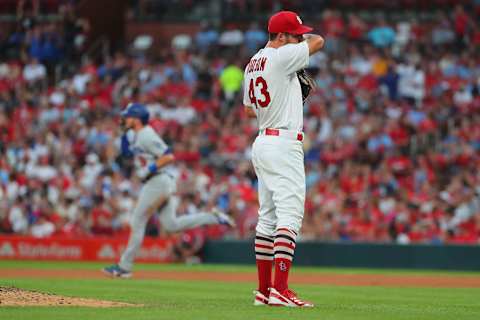 ST LOUIS, MO – JULY 14: Dakota Hudson #43 of the St. Louis Cardinals react after allowing a two-run home run against the Los Angeles Dodgers in the seventh inning at Busch Stadium on July 14, 2022 in St Louis, Missouri. (Photo by Dilip Vishwanat/Getty Images)