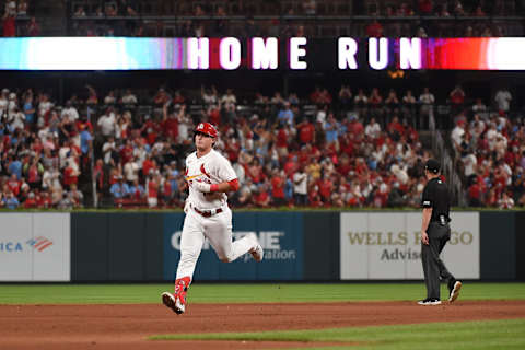 ST LOUIS, MO – JULY 15: Nolan Gorman #16 of the St. Louis Cardinals hits a solo home run against the Cincinnati Reds in the fourth inning at Busch Stadium on July 15, 2022 in St Louis, Missouri. (Photo by Joe Puetz/Getty Images)