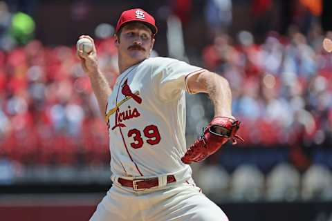 ST LOUIS, MO – JULY 16: Miles Mikolas #39 of the St. Louis Cardinals delivers a pitch against the Cincinnati Reds in the first inning at Busch Stadium on July 16, 2022 in St Louis, Missouri. (Photo by Dilip Vishwanat/Getty Images)