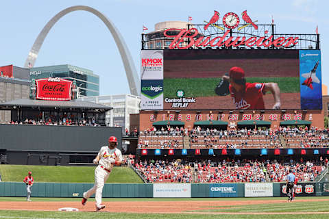 ST LOUIS, MO – JULY 16: Paul Goldschmidt #46 of the St. Louis Cardinals rounds third base after hitting a two-run home run against the Cincinnati Reds in the second inning at Busch Stadium on July 16, 2022 in St Louis, Missouri. (Photo by Dilip Vishwanat/Getty Images)