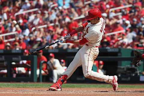 ST LOUIS, MO – JULY 16: Lars Nootbaar #21 of the St. Louis Cardinals hits a three-run home run against the Cincinnati Reds in the eighth inning at Busch Stadium on July 16, 2022 in St Louis, Missouri. (Photo by Dilip Vishwanat/Getty Images)