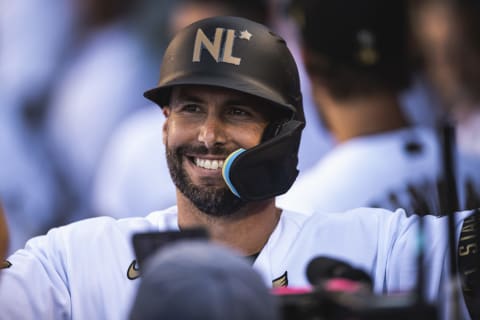 LOS ANGELES, CA – JULY 19: Paul Goldschmidt #46 of the St. Louis Cardinals smiles in the dugout after hitting a home run in the first inning at the 92nd All-Star Game presented by Mastercard at Dodger Stadium on July 19, 2022 in Los Angeles, California. (Photo by Matt Thomas/San Diego Padres/Getty Images)