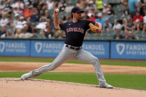 CHICAGO, ILLINOIS – JULY 24: Shane Bieber #57 of the Cleveland Guardians pitches in the first inning at Guaranteed Rate Field on July 24, 2022 in Chicago, Illinois. (Photo by Chase Agnello-Dean/Getty Images)