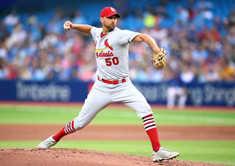 TORONTO, ON – JULY 27: Adam Wainwright #50 of the St. Louis Cardinals delivers a pitch in the first inning against the Toronto Blue Jays at Rogers Centre on July 27, 2022 in Toronto, Ontario, Canada. (Photo by Vaughn Ridley/Getty Images)