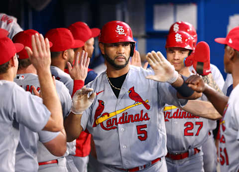 TORONTO, ON – JULY 27: Albert Pujols #5 of the St. Louis Cardinals celebrates in the dugout after hitting a 3 run home run in the fifth inning against the Toronto Blue Jays at Rogers Centre on July 27, 2022 in Toronto, Ontario, Canada. (Photo by Vaughn Ridley/Getty Images)