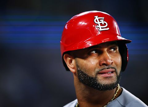 TORONTO, ON – JULY 27: Albert Pujols #5 of the St. Louis Cardinals looks on after flying out in the seventh inning against the Toronto Blue Jays at Rogers Centre on July 27, 2022 in Toronto, Ontario, Canada. (Photo by Vaughn Ridley/Getty Images)