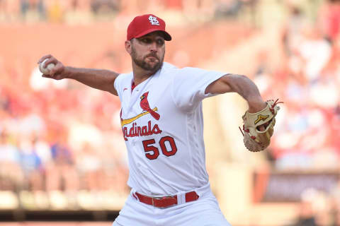 ST LOUIS, MO – AUGUST 02: Adam Wainwright #50 of the St. Louis Cardinals pitches against the Chicago Cubs in the first inning at Busch Stadium on August 2, 2022 in St Louis, Missouri. (Photo by Joe Puetz/Getty Images)