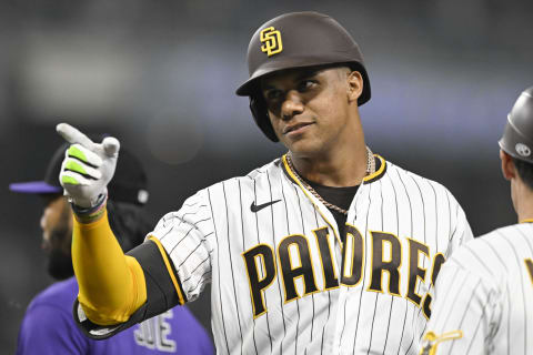 SAN DIEGO, CA – AUGUST 3: Juan Soto #22 of the San Diego Padres points back to the dugout after hitting a single in the eighth inning against the Colorado Rockies August 3, 2022 at Petco Park in San Diego, California. (Photo by Denis Poroy/Getty Images)