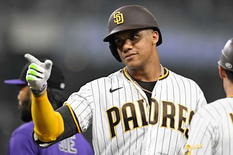 SAN DIEGO, CA – AUGUST 3: Juan Soto #22 of the San Diego Padres points back to the dugout after hitting a single. (Photo by Denis Poroy/Getty Images)