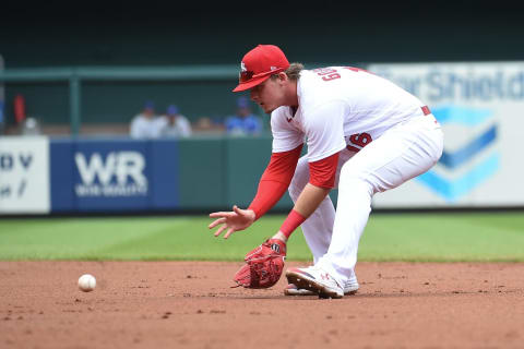 ST LOUIS, MO – AUGUST 04: Nolan Gorman #16 of the St. Louis Cardinals fields a ground ball against the Chicago Cubs in the second inning in game one of a double header at Busch Stadium on August 4, 2022 in St Louis, Missouri. (Photo by Joe Puetz/Getty Images)