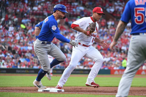 ST. LOUIS, MO – AUGUST 04: Jose Quintana #63 of the St. Louis Cardinals forces out Nelson Velazquez #4 of the Chicago Cubs at first base in the second inning in game two of a double header at Busch Stadium on August 4, 2022 in St. Louis, Missouri. (Photo by Joe Puetz/Getty Images)