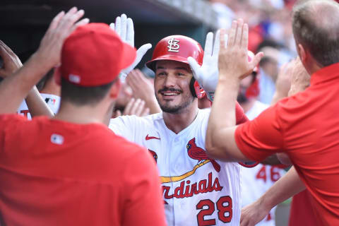 ST. LOUIS, MO – AUGUST 04: Nolan Arenado #28 of the St. Louis Cardinals is congratulated by teammates after hitting a two-run home run against the Chicago Cubs in game two of a double header at Busch Stadium on August 4, 2022 in St. Louis, Missouri. (Photo by Joe Puetz/Getty Images)