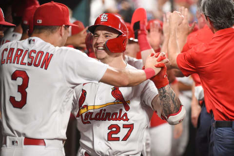 ST. LOUIS, MO – AUGUST 04: Tyler O’Neill #27 of the St. Louis Cardinals is congratulated by teammate Dylan Carlson #3 after hitting a three-run home run against the Chicago Cubs in the seventh inning in game two of a double header at Busch Stadium on August 4, 2022 in St. Louis, Missouri. (Photo by Joe Puetz/Getty Images)