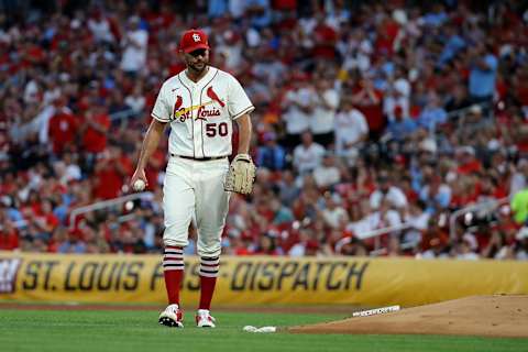 ST. LOUIS, MO – AUGUST 13: Adam Wainwright #50 of the St. Louis Cardinals walks to the back of the mound after giving up a hit during the seventh inning against the Milwaukee Brewers at Busch Stadium on August 13, 2022 in St. Louis, Missouri. (Photo by Scott Kane/Getty Images)