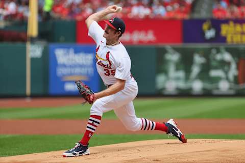 ST LOUIS, MO – AUGUST 14: Miles Mikolas #39 of the St. Louis Cardinals delivers a pitch against the Milwaukee Brewers in the first inning at Busch Stadium on August 14, 2022 in St Louis, Missouri. (Photo by Dilip Vishwanat/Getty Images)