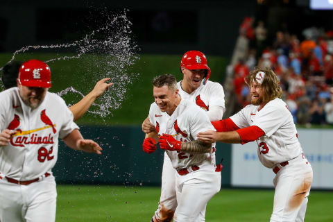 ST. LOUIS, MO – AUGUST 16: Tyler O’Neill #27 of the St. Louis Cardinals is doused with water as teammates celebrate a walk-off victory against the Colorado Rockies after O’Neill was hit by pitch resulting in a run scoring in the ninth inning at Busch Stadium on August 16, 2022 in St. Louis, Missouri. (Photo by Scott Kane/Getty Images)