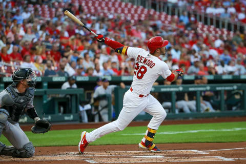 ST. LOUIS, MO – AUGUST 17: Nolan Arenado #28 of the St. Louis Cardinals hits a RBI ground rule double during the first inning against the Colorado Rockies at Busch Stadium on August 17, 2022 in St. Louis, Missouri. (Photo by Scott Kane/Getty Images)