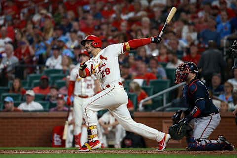 ST. LOUIS, MO – AUGUST 27: Nolan Arenado #28 of the St. Louis Cardinals hits a two-run home run during the fifth inning against the Atlanta Braves at Busch Stadium on August 27, 2022 in St. Louis, Missouri. (Photo by Scott Kane/Getty Images)