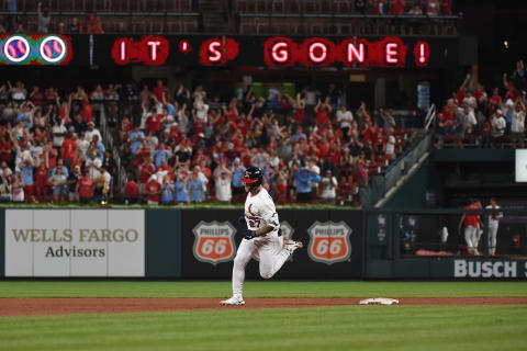 Tyler O’Neill of the St. Louis Cardinals rounds second base after hitting a three-run home run against the Atlanta Braves. (Photo by Joe Puetz/Getty Images)