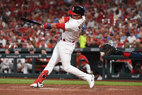 Lars Nootbaar #21 of the St. Louis Cardinals hits a solo home run against the Atlanta Braves in the sixth inning at Busch Stadium on August 28, 2022 in St Louis, Missouri. (Photo by Joe Puetz/Getty Images)