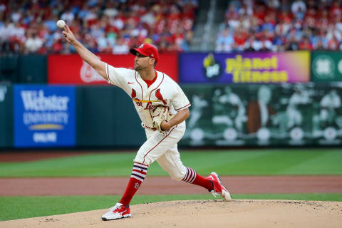 Starter Adam Wainwright #50 of the St. Louis Cardinals delivers a pitch during the first inning against the Chicago Cubs at Busch Stadium on September 3, 2022 in St. Louis, Missouri. (Photo by Scott Kane/Getty Images)