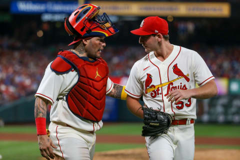 ST. LOUIS, MO – SEPTEMBER 03: Yadier Molina #4 of the St. Louis Cardinals talks with Andre Pallante #53 as they return to the dugout during a baseball game against the Chicago Cubs at Busch Stadium on September 3, 2022 in St. Louis, Missouri. (Photo by Scott Kane/Getty Images)