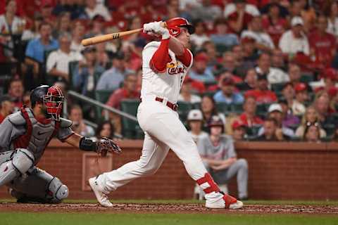 Nolan Gorman #16 of the St. Louis Cardinals hits an RBI double/ (Photo by Joe Puetz/Getty Images)