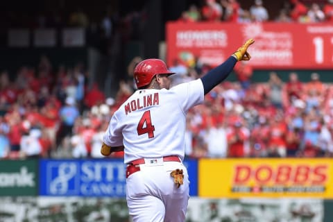 ST LOUIS, MO – SEPTEMBER 08: Yadier Molina #4 of the St. Louis Cardinals reacts after hitting a two-run home run against the Washington Nationals in the second inning at Busch Stadium on September 8, 2022 in St Louis, Missouri. (Photo by Joe Puetz/Getty Images)