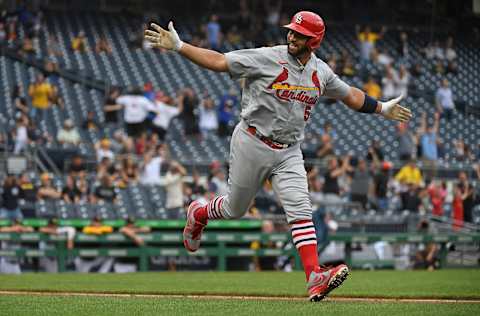 PITTSBURGH, PA – SEPTEMBER 11: Albert Pujols #5 of the St. Louis Cardinals reacts as he rounds the bases after hitting a two-run home run in the ninth inning during the game against the Pittsburgh Pirates at PNC Park on September 11, 2022 in Pittsburgh, Pennsylvania. The home run was the 697th of Pujols career, moving him to 4th place all time in MLB home runs. (Photo by Justin Berl/Getty Images)