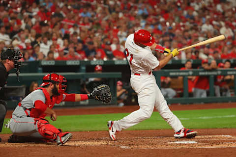 ST LOUIS, MO – SEPTEMBER 15: Paul Goldschmidt #46 of the St. Louis Cardinals bats in a run with a double against the Cincinnati Reds in the third inning at Busch Stadium on September 15, 2022 in St Louis, Missouri. Goldschmidt is wearing the number 21 in honor of Roberto Clemente Day. (Photo by Dilip Vishwanat/Getty Images)