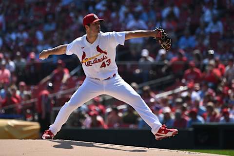 ST LOUIS, MO – SEPTEMBER 17: Dakota Hudson #43 of the St. Louis Cardinals pitches against the Cincinnati Reds in the first inning in game one of a double header at Busch Stadium on September 17, 2022 in St Louis, Missouri. (Photo by Joe Puetz/Getty Images)