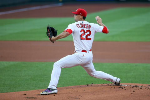 ST. LOUIS, MO – JULY 24: Starter Jack Flaherty #22 of the St. Louis Cardinals delivers during the first inning of the Opening Day game against the Pittsburgh Piratesat Busch Stadium on July 24, 2020 in St. Louis, Missouri. The 2020 season had been postponed since March due to the COVID-19 pandemic. (Photo by Scott Kane/Getty Images)