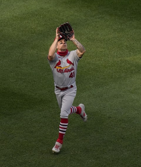 CHICAGO, ILLINOIS – SEPTEMBER 07: Tyler O’Neill #41 of the St. Louis Cardinals catches the fly out by Victor Caratini #7 of the Chicago Cubs during the fifth inning of a game at Wrigley Field on September 07, 2020 in Chicago, Illinois. (Photo by Nuccio DiNuzzo/Getty Images)