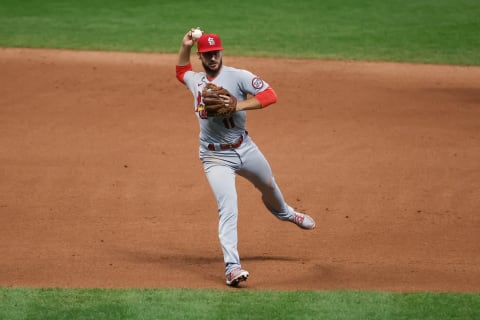 MILWAUKEE, WISCONSIN – SEPTEMBER 14: Paul DeJong #11 of the St. Louis Cardinals throws to first base in the seventh inning against the Milwaukee Brewers during game one of a doubleheader at Miller Park on September 14, 2020 in Milwaukee, Wisconsin. (Photo by Dylan Buell/Getty Images)