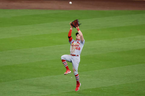 MILWAUKEE, WISCONSIN – SEPTEMBER 14: Harrison Bader #48 of the St. Louis Cardinals catches a fly ball in the fourth inning against the Milwaukee Brewers during game one of a doubleheader at Miller Park on September 14, 2020 in Milwaukee, Wisconsin. (Photo by Dylan Buell/Getty Images)