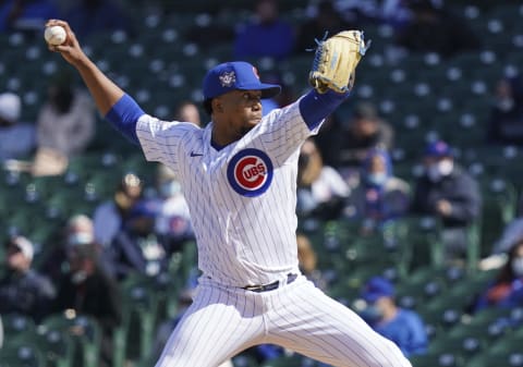 CHICAGO, ILLINOIS – APRIL 16: Pedro Strop #64 of the Chicago Cubs throws a pitch during a game against the Atlanta Braves at Wrigley Field on April 16, 2021 in Chicago.  (Photo by Nuccio DiNuzzo/Getty Images)