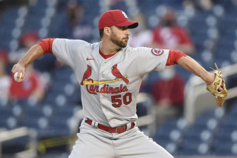 WASHINGTON, DC – APRIL 20: Adam Wainwright #50 of the St. Louis Cardinals pitches against the Washington Nationals in the first inning of the MLB game at Nationals Park on April 20, 2021 in Washington, DC. (Photo by Patrick McDermott/Getty Images)