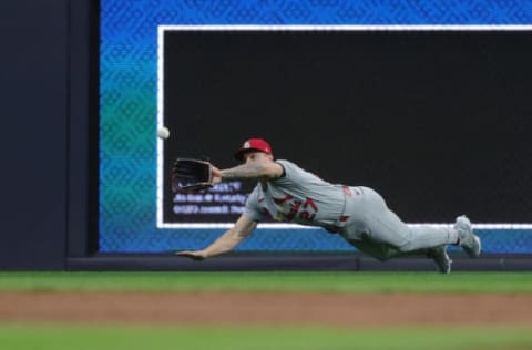 MILWAUKEE, WISCONSIN – MAY 12: Tyler O’Neill #27 of the St. Louis Cardinals fields a fly ball during the third inning against the Milwaukee Brewers at American Family Field on May 12, 2021 in Milwaukee, Wisconsin. (Photo by Stacy Revere/Getty Images)