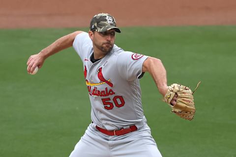 SAN DIEGO, CALIFORNIA – MAY 15: Adam Wainwright #50 of the St. Louis Cardinals pitches during the firstinning of a game against the San Diego Padres at PETCO Park on May 15, 2021 in San Diego, California. (Photo by Sean M. Haffey/Getty Images)