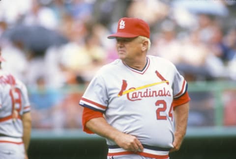 UNSPECIFIED – CIRCA 1989: Manager Whitey Herzog #24 of the St. Louis Cardinals walks back to the dugout during a Major League Baseball game circa 1989. Herzog Managed the Cardinals from 1980-90. (Photo by Focus on Sport/Getty Images)