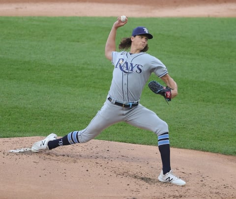 CHICAGO, ILLINOIS – JUNE 14: Starting pitcher Tyler Glasnow #20 of the Tampa Bay Rays delivers the ball against the Chicago White Sox at Guaranteed Rate Field on June 14, 2021 in Chicago, Illinois. (Photo by Jonathan Daniel/Getty Images)